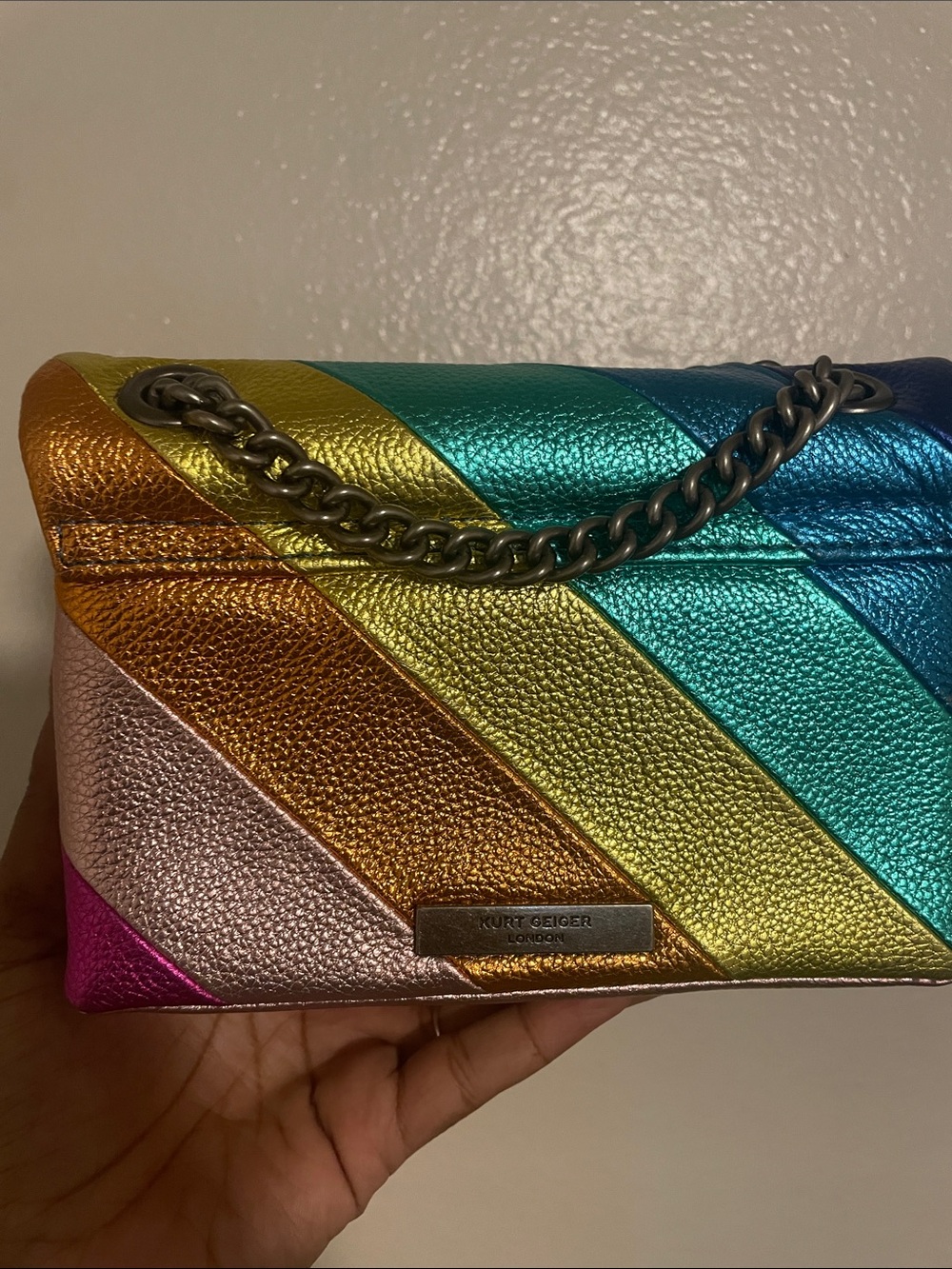Kurt Geiger Rainbow Metallic Diagonal-Stripe Leather Crossbody - Picture 2 of 5